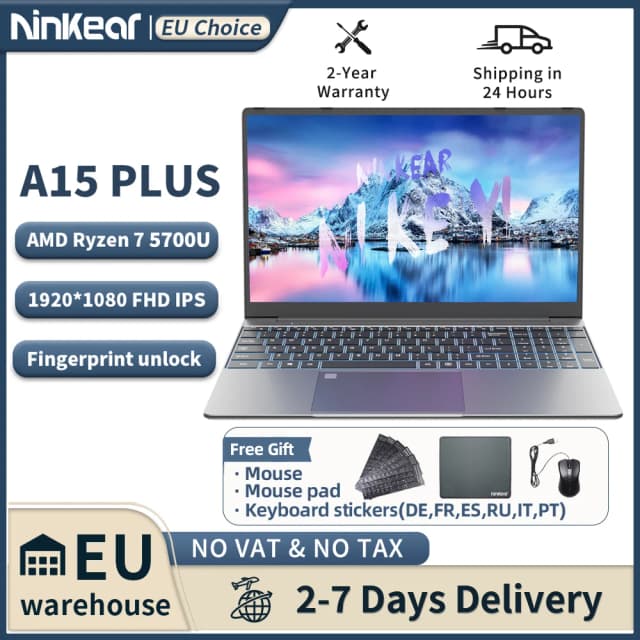 Computadoras portátiles para juegos Ninkear A15 Plus AMD Ryzen ™   7 5700U 4.3Ghz 15.6' FHD IPS 32GB DDR4 + 1TB SSD Teclado retroiluminado FP Desbloqueo