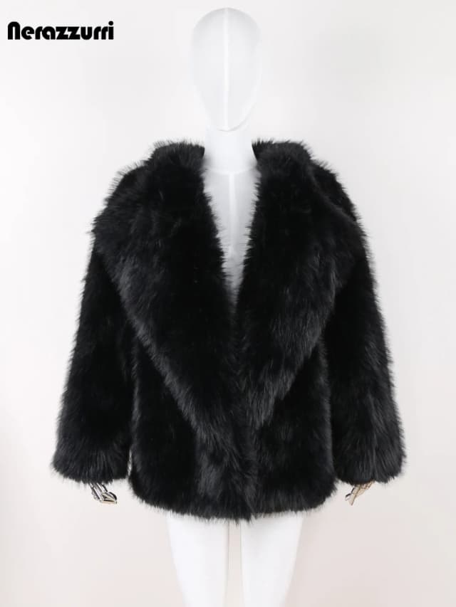 Nerazzurri Otoño Invierno negro grueso cálido peludo peludo suave abrigo de piel de zorro de imitación mujeres de manga larga suelta Casual chaqueta mullida 2024