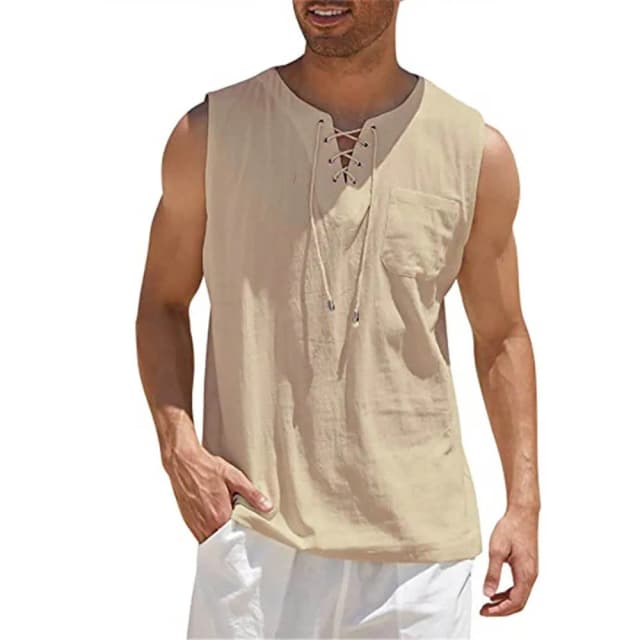 Camisas casuales sin mangas para hombre, chaleco de vendaje con cordones, blusa Retro con cuello en V, camisa suelta de moda, ropa de Color sólido para hombre