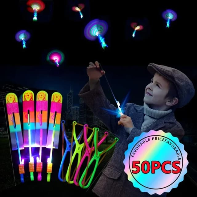 Nuevo 50/30/10/5/1Pc increíble juguete ligero flecha cohete helicóptero volador luz LED juguetes fiesta diversión mejores regalos banda de goma catapulta