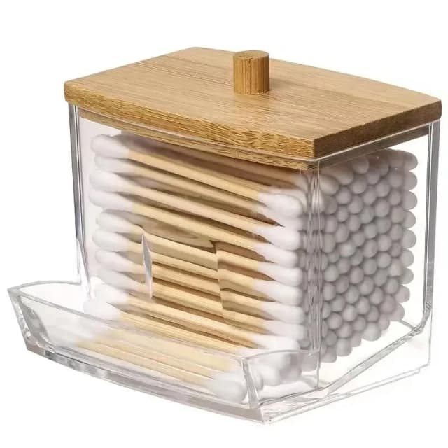 Caja de almacenamiento de bastoncillos de algodón, contenedor de bastoncillos de algodón de doble cabezal, cubierta cuadrada transparente de bambú, caja organizadora de palillos de dientes