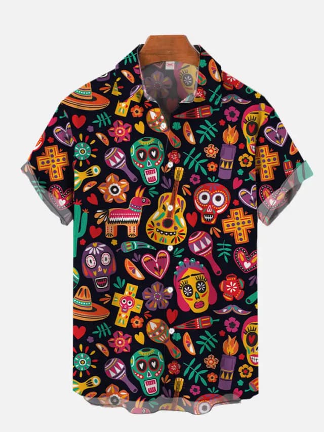 Camisas hawaianas de moda para hombre, camisa de manga corta con estampado de carteles artísticos de grafiti colorido de estilo mexicano, ropa de estilo Hawaiano 2024