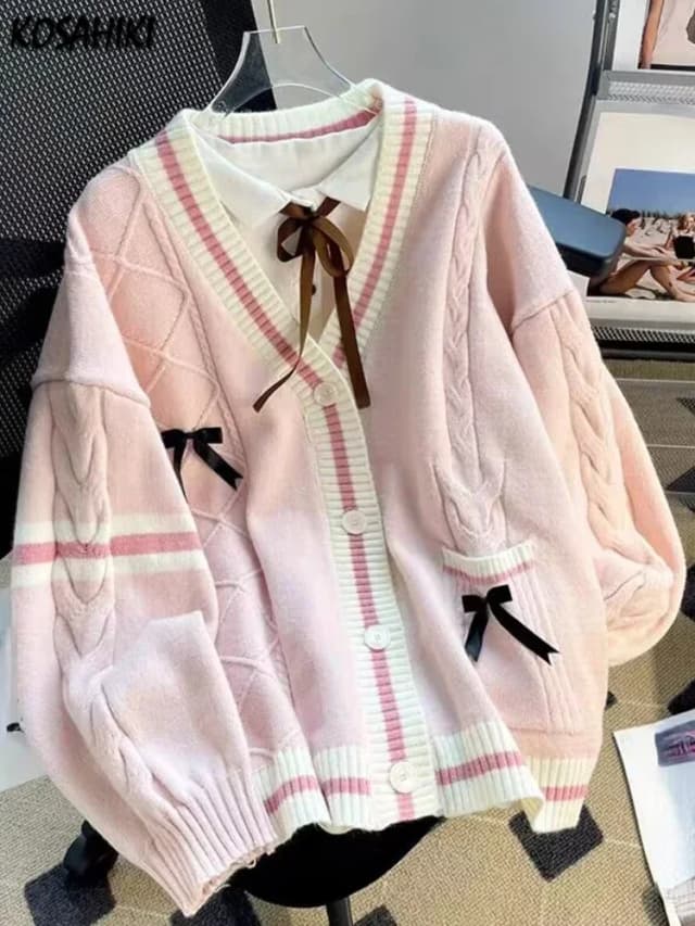 Cárdigans de punto con agradable arco Y2k, abrigos estéticos que combinan con todo, abrigos de colores contrastantes, moda de un solo pecho, suéteres Kawaii JK para mujer