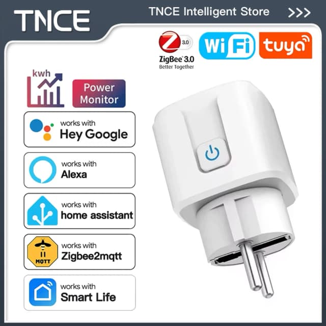 TNCE Tuya EU Plug WiFi o Zigbee3.0 enchufe inteligente 16/20A, Monitor de potencia función de temporizador Control de voz con Alexa Google Home