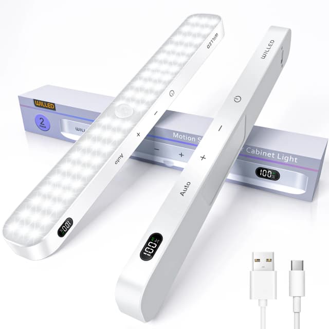 Luz de gabinete con Sensor de movimiento WILLED, pantalla de batería, barra de luz táctil de 60 LED, batería recargable inalámbrica, luz nocturna