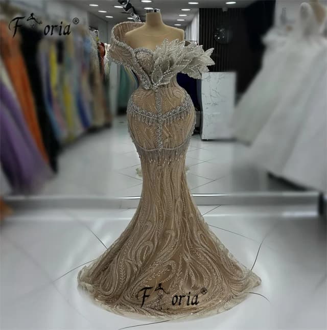 Vestido de fiesta Formal de sirena champán de lujo con borlas de cristal plateado apliques de mujer árabe hojas vestidos de noche de boda 3D