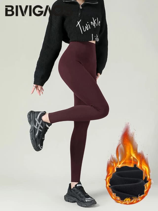 BIVIGAOS-mallas cálidas de algodón grueso para mujer, mallas informales ajustadas elásticas de cintura alta, color rojo, otoño e invierno