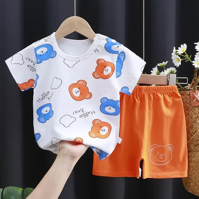 Ropa con estampado de dibujos animados, ropa para el hogar de algodón puro, trajes de 2 piezas, chándales informales bonitos a la moda para niños pequeños, camiseta con contraste + Pantalones cortos