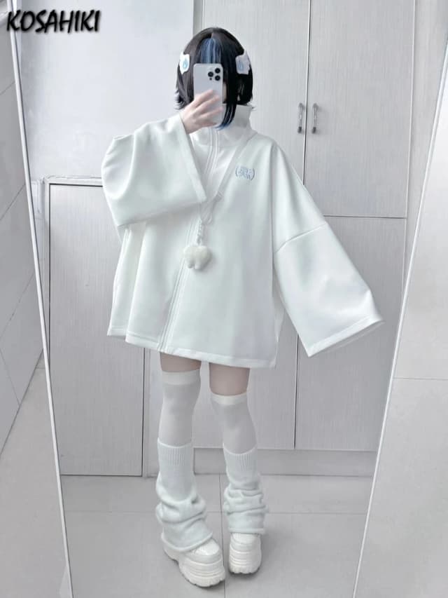Sudaderas con capucha informales japonesas para mujer, abrigos holgados estéticos Y2k de gran tamaño con bordado, sudaderas Grunge con cremallera Harajuku, primavera