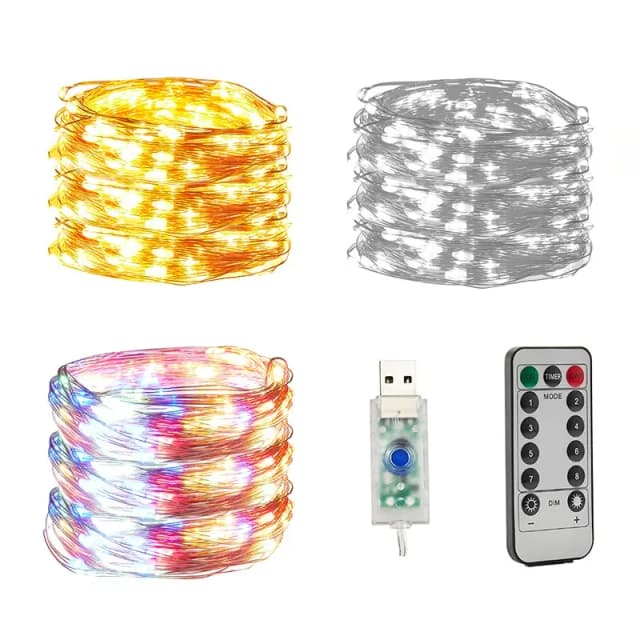 Lámpara de hadas para decoración navideña de Año Nuevo, cable de cobre USB Led, decoración interior del hogar, cadena RGB blanca cálida con Control remoto