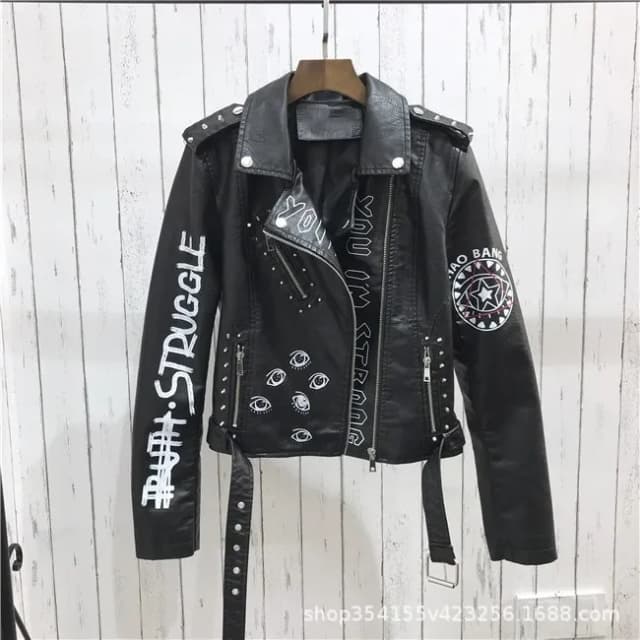 Chaqueta de cuero sintético con estampado para mujer, abrigo de motocicleta de Pu, negro, Punk, gótico, con remache, bolsillo, prendas de vestir exteriores, Primavera, Otoño e Invierno