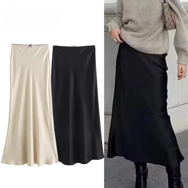 ASDS-falda de satén negro para mujer, faldas largas elegantes con lazo, Falda Midi de cintura alta, moda de verano, 2024