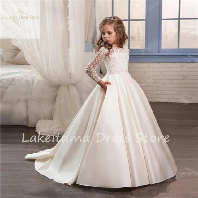 Vestido de novia, vestidos de flores para niña, fajas de satén con lazo, mangas casquillo de Organza simples, vestido de noche de princesa para niña