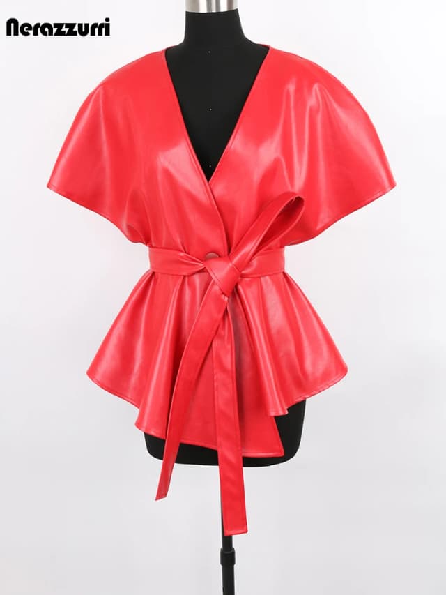 Nerazzurri-Chaleco corto de piel sintética para mujer, chaqueta sin mangas de diseñador de lujo, moda de pasarela, color rojo, primavera, 2022
