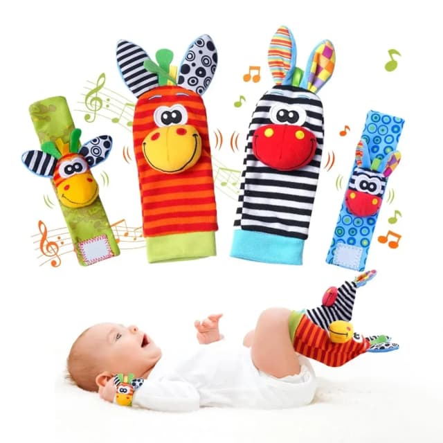 Sonajeros de juguete para bebé, calcetines con animales, correa para la muñeca + sonajero, calcetines para pies de bebé, correa para la muñeca, calcetines para niños pequeños, juguetes para chupete de 0 a 12 meses, 4 Uds.