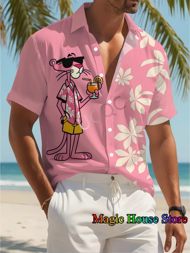 MINISO, nueva camisa hawaiana de manga corta con solapa para hombre, verano, estampado de Pantera Rosa, vacaciones hawaianas, moda informal para niños/adultos ​ Tops
