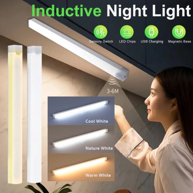 Luz LED de Barra con Sensor de Movimiento Recargable por USB Tipo C, Luz Nocturna de Inducción Portátil para Cocina, Mesita de Noche, Armario, Pasillo