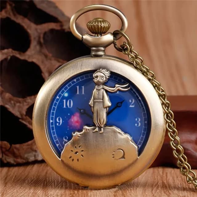 Reloj de bolsillo con colgante y collar del Principito con diseño hueco de bronce vintage