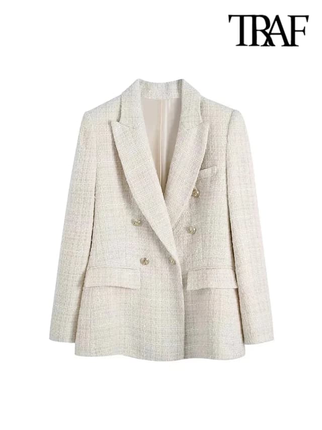 TRAF, chaqueta cruzada de Tweed a la moda para mujer, abrigo Vintage de manga larga con bolsillos y solapa, prendas de vestir exteriores para mujer, chaqueta elegante para mujer