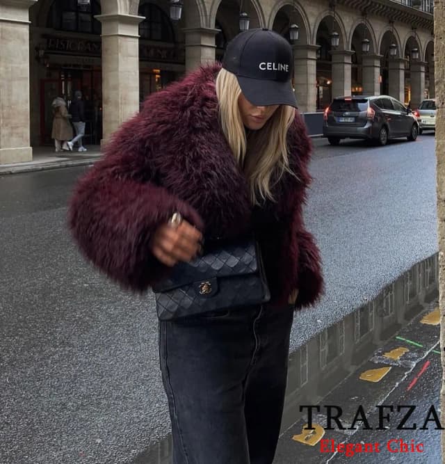 TRAFZA-moda mujer invierno sólido solapa grande abrigo de piel sintética chaqueta nuevo 2025 Otoño Invierno Slouchy Borgoña negro gris abrigo