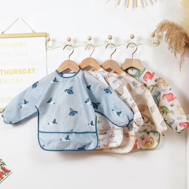 Elinfant 1 Baberos de manga larga, Baberos de alimentación impermeables, Paño lavable para eructar, Baberos de monos, Fácil de limpiar, Baberos para comer sin lavado