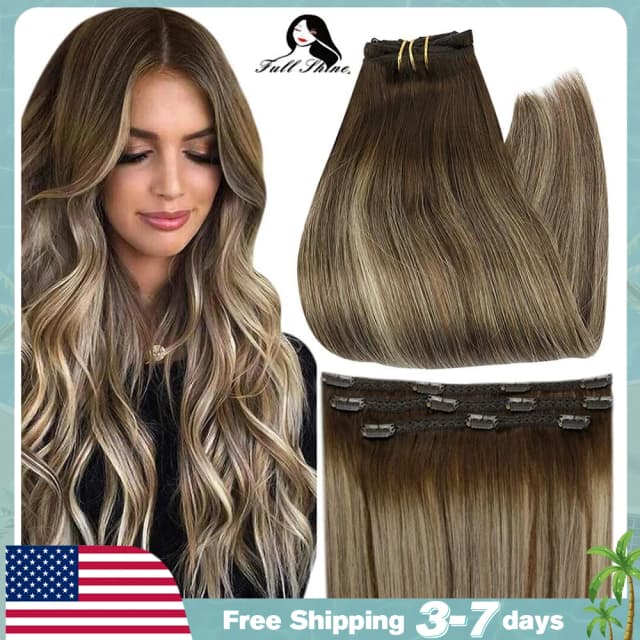 Extensiones de cabello con Clip de brillo completo, cabello humano 50g, 3 uds., 100% extensiones de cabello humano Remy Real, horquillas de Color rubio degradado