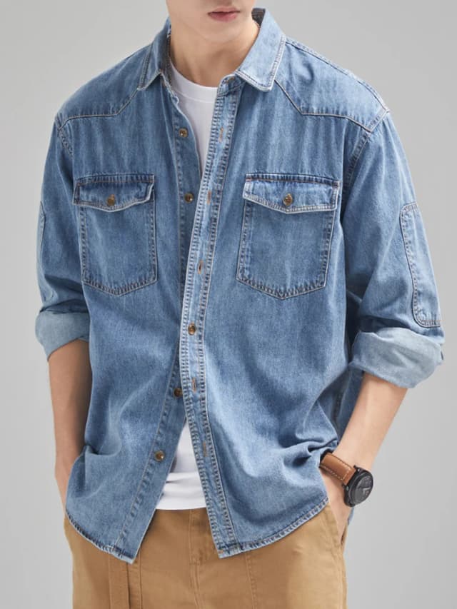 Camisa vaquera de algodón para hombre, camisa de manga larga en negro y azul con hombros caídos y bolsillos con botones, pantalones vaqueros holgados informales para trabajo, novedad de 2024
