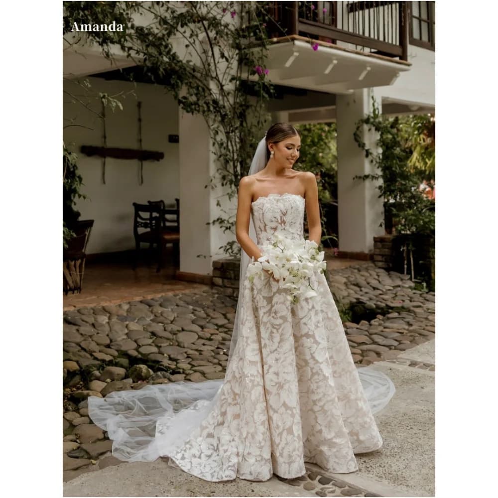 Amanda-vestidos de graduación de encaje blanco personalizados, sin tirantes, hasta el suelo, velo para la cabeza, vestidos de noche de cola, corte en A, noche Formal 2025