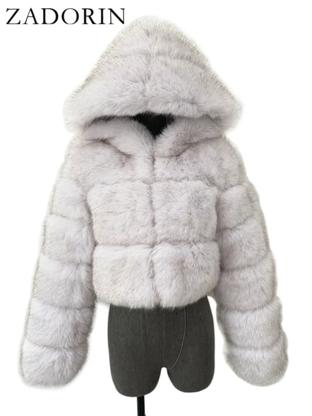 ZADORIN-Chaqueta de piel recortada para mujer, abrigo de piel sintética esponjoso y cálido de color rosa y negro con capucha y cremallera, prendas de vestir exteriores para mujer 2024