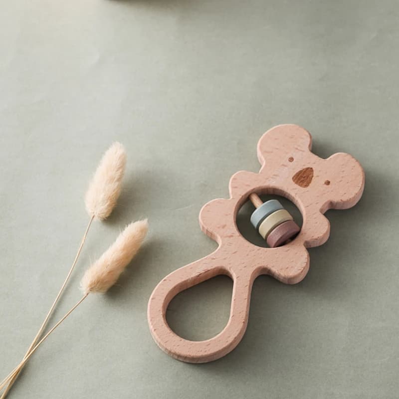 Sonajeros de mano de Koala de madera para bebé, juguetes mordedores, anillo de madera, juguetes Montessori, sonajero Musical con forma de búho para regalos de bebé, juguetes para la dentición