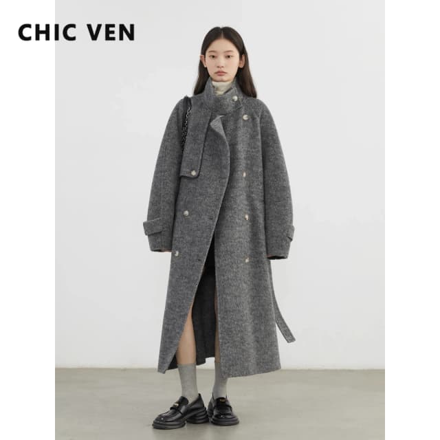 CHIC VEN-abrigos de lana para mujer, abrigo holgado con cuello levantado de doble cara, prendas de vestir exteriores para mujer, ropa de oficina para mujer, Otoño Invierno 2024