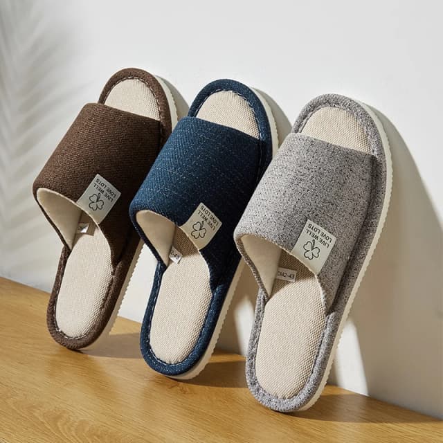 Zapatillas de lino para el hogar para hombres en primavera y otoño, cómodas zapatillas con punta abierta y transpirables para dormitorio, zapatos para hombres y mujeres de verano