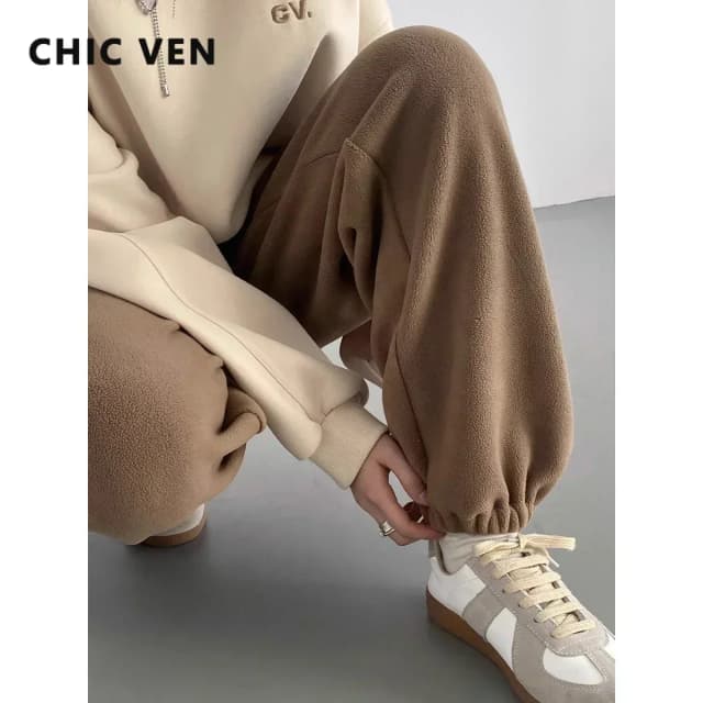 CHIC VEN-pantalones holgados informales para mujer, pantalón de forro polar de cintura alta, pantalones deportivos gruesos y cálidos de felpa, otoño e invierno, 2023