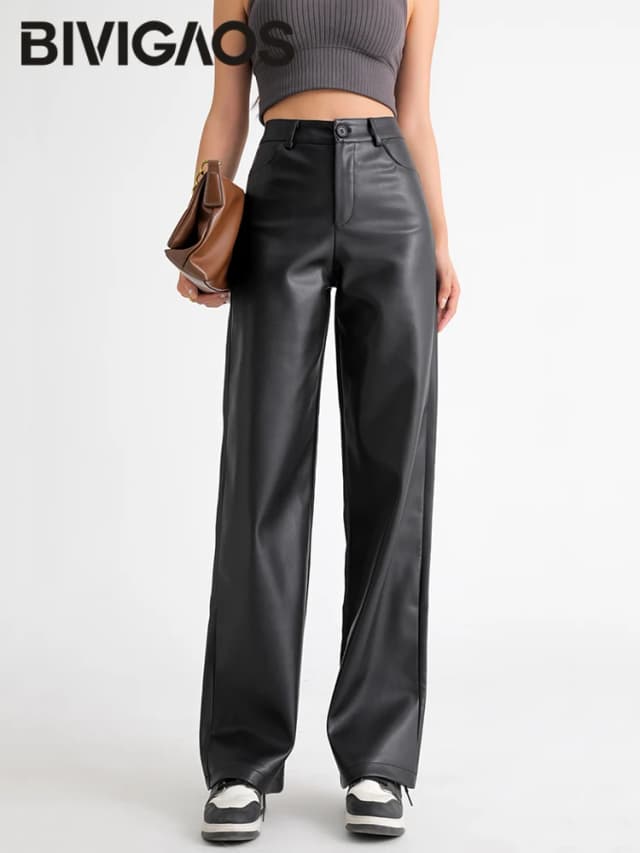 BIVIGAOS Otoño Invierno polar suelto pierna ancha pantalones de cuero cálidos mujeres botón bolsillo cintura alta grueso PU Casual Pantalones rectos