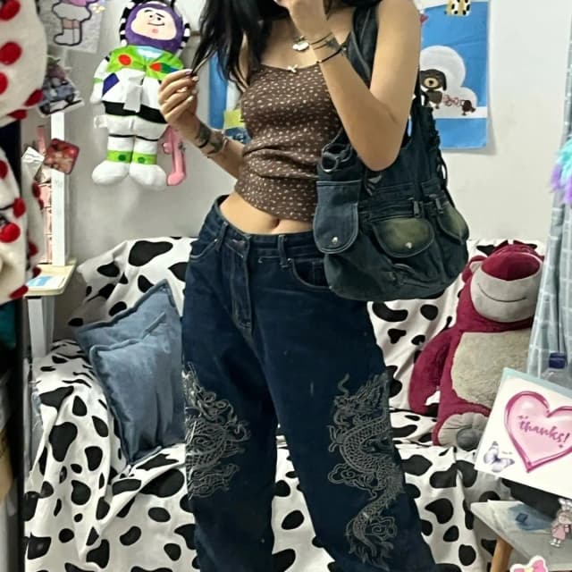 Pantalones vaqueros holgados con estampado de dragón bordado Y2k, pantalones rectos de Hip Hop para monopatín para hombres y mujeres, ropa de calle Retro Harajuku