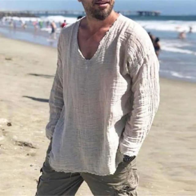 Camisa de manga larga con cuello en V para hombre, Tops con borde de rebaba, Jersey fino holgado plisado, ropa de calle, camisas informales para hombre guapo para primavera y otoño
