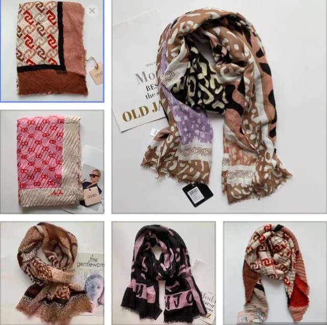 El pedido original de comercio exterior presenta una variedad de chales largos y bufandas con nuevas letras estampadas italianas.