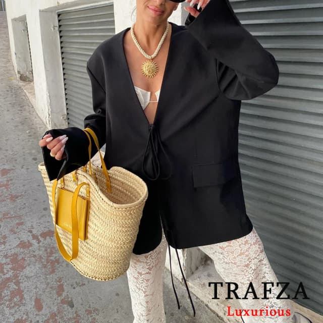 TRAFZA, chaqueta negra informal de gran tamaño para mujer, cuello en V, pajarita, bolsillos, chaquetas holgadas, moda 2021, ropa de calle para mujer, prendas de vestir