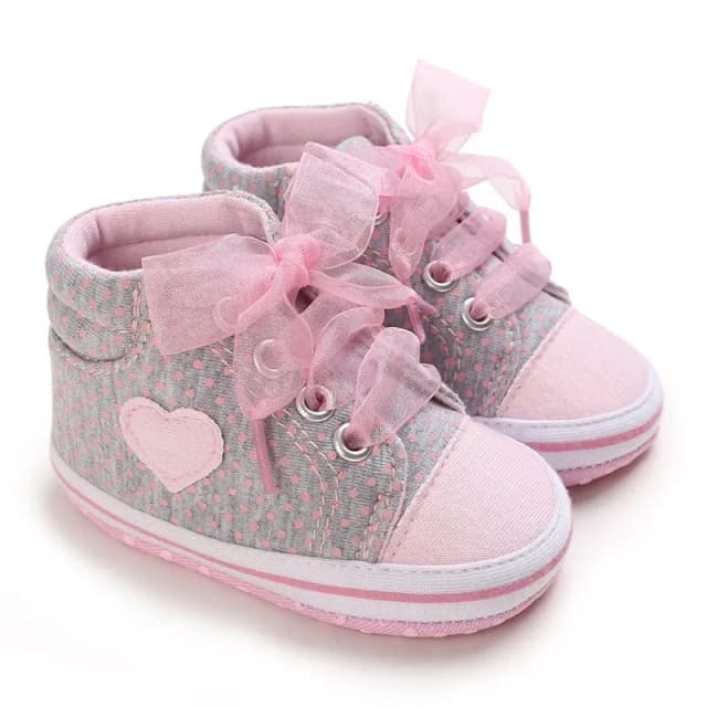 Zapatos de lona para bebés recién nacidos, zapatos informales de encaje con pajarita en forma de corazón, antideslizantes, de algodón suave, superventas