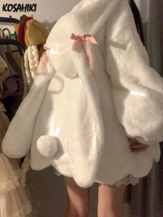 Abrigos con capucha informales holgados de retales Kawaii, ropa informal japonesa, moda esponjosa, Tops estéticos Y2k con bolsillo Grunge para mujer