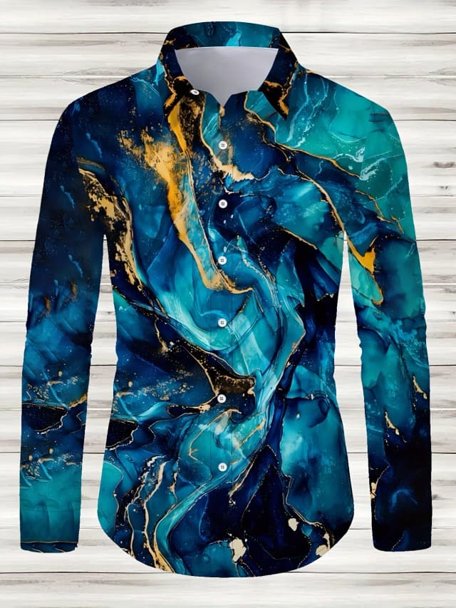 Camisa informal con botones y estampado geométrico para hombre, mezcla de poliéster, cuello de solapa, camisa de manga larga de tela no elástica