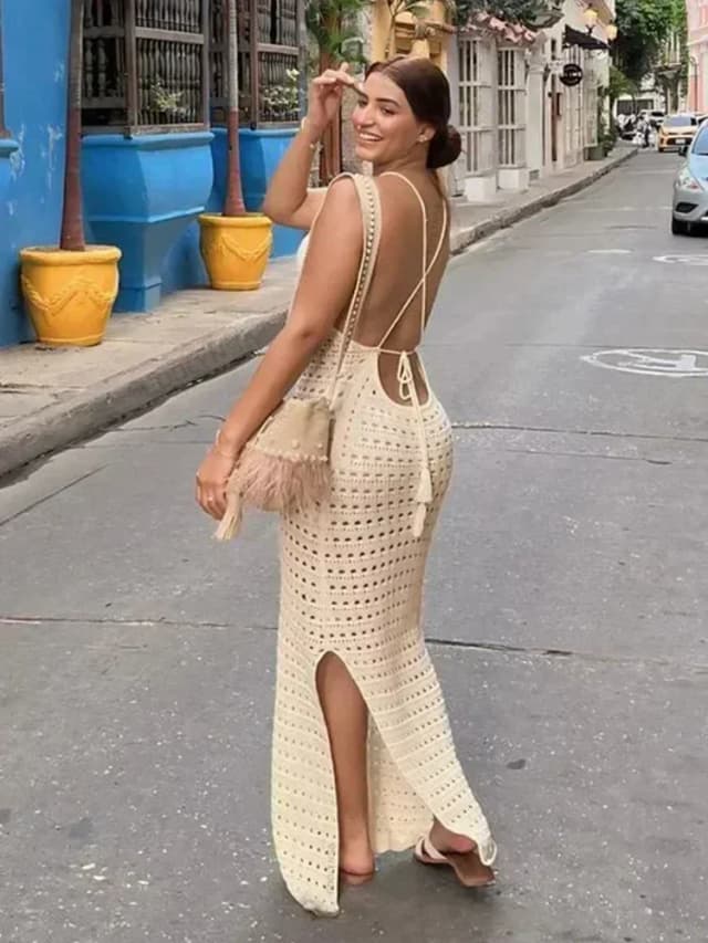 Sexy tejido recortado borla Spaghetti Strap ceñido al cuerpo playa Maxi vestido de verano de las mujeres vacaciones Club traje de fiesta traje de baño cubrir K10
