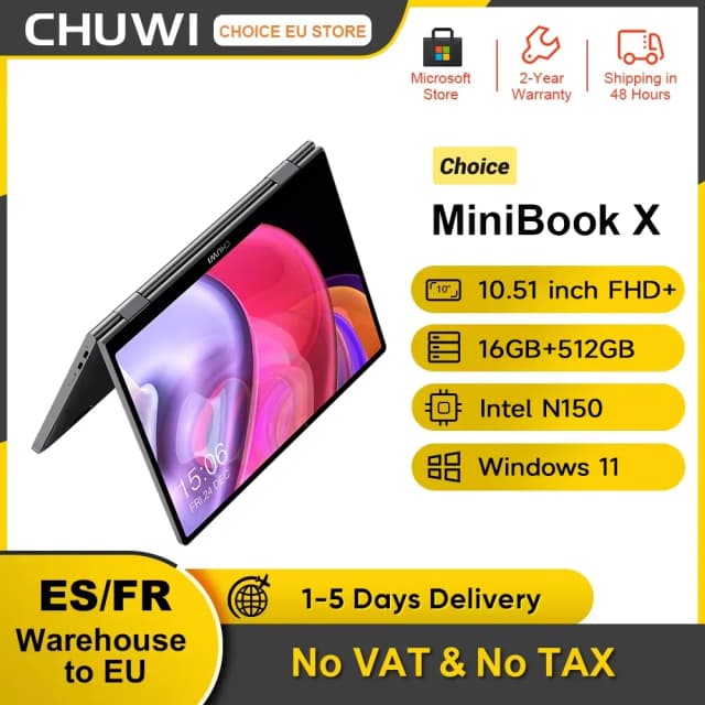 CHUWI MiniBook X tableta portátil 2 en 1 CPU Intel N150 pantalla FHD IPS de 10,51 pulgadas 12GB LPDDR5 512G SSD Windows 11 Notebook 1200*1920