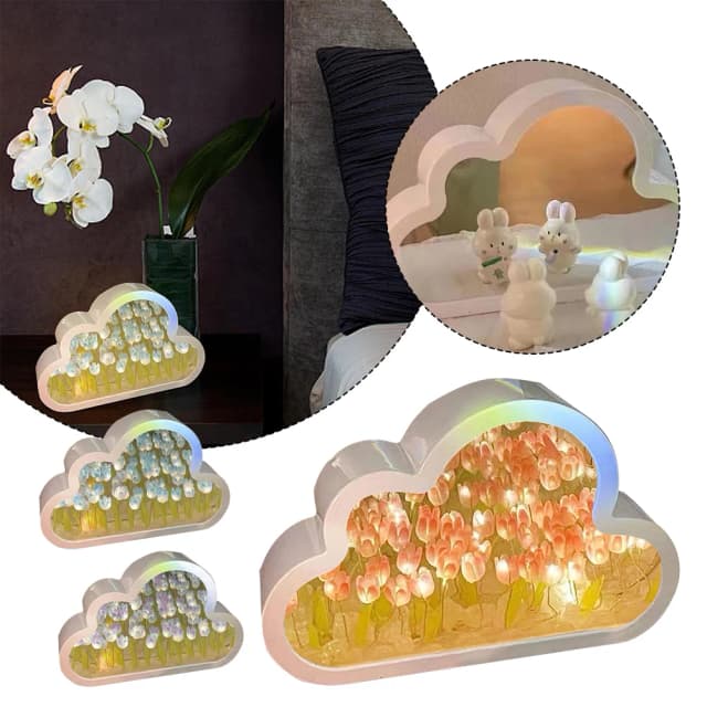 Lámparas de tulipán con nubes, luz LED nocturna, lámparas de mesa con espejo, adornos DIY para dormitorio, decoración, luces de mesa con espejo