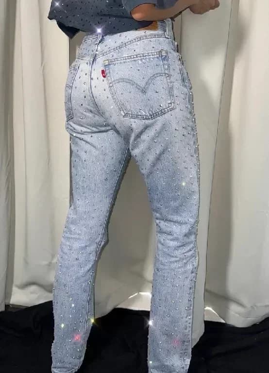 Pantalones vaqueros holgados para mujer, pantalones Y2K ajustados de cintura alta, pantalones vaqueros góticos con bolsillo y lentejuelas y diamantes de imitación, pantalones vaqueros rectos de moda