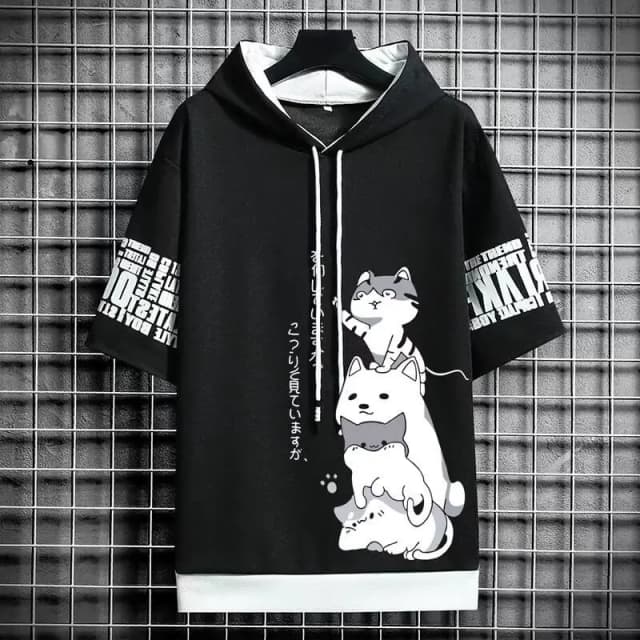 Sudaderas con capucha de moda japonesa para hombre, ropa de verano para hombre, ropa de calle informal de dibujos animados Harajuku, Top con capucha estampado, sudaderas de manga corta para hombre
