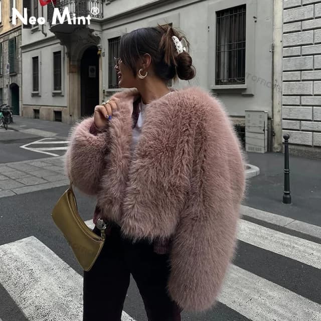 Neo Mint marca moda 2024 invierno dulce rosa recortado abrigo de piel sintética mujeres ropa de calle Ins Chic niñas chaqueta de piel de zorro esponjosa Mujer