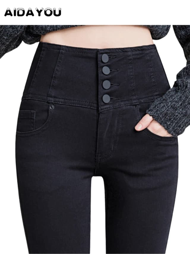 Button Fly Jeans Cintura alta frontal para mujer Control de barriga Denim elástico Negro Petite XS - 4XL Pantalones de vestir con bolsillo ouc433