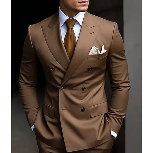 Trajes de hombre marrones de alta calidad, doble botonadura, a medida, doble botonadura, solapa con visera, chaqueta Formal ajustada, chaqueta de 2 piezas, pantalones