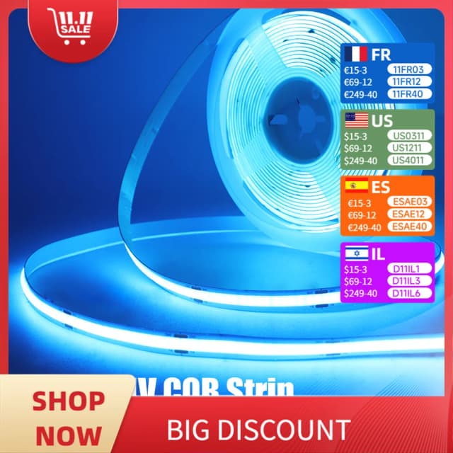 Tira COB de 12V 24V CC, 320Leds/M, alta densidad, RA90, blanco, rosa, amarillo, azul hielo, rojo, verde, cinta Flexible, luz LED